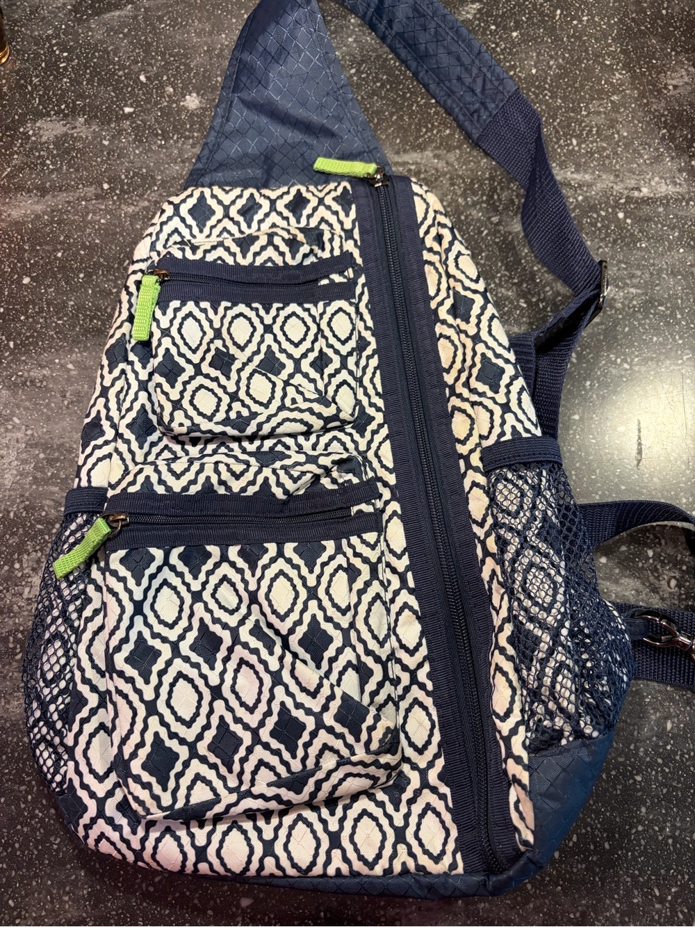 Thirty-one Navy Patterned Sling Backpack with Lime Accents